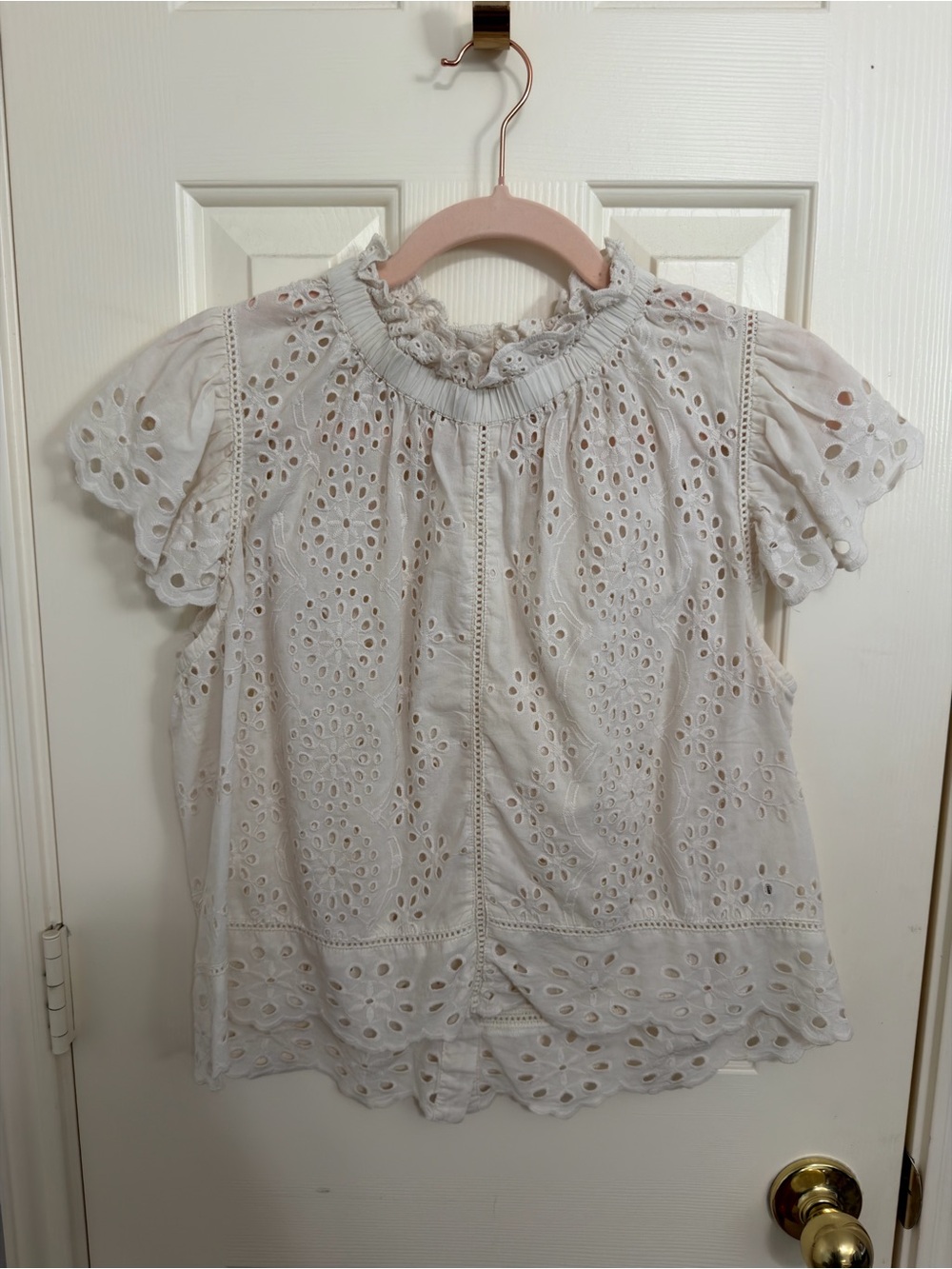 Jennifer & Grace White Eyelet Ruffle Mock Neck Blouse